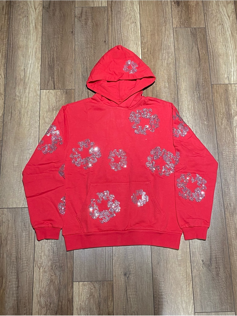 Denim Tears Swarovski VVS Rhinestone Red Hoodie Floral Design Mens Size Small
